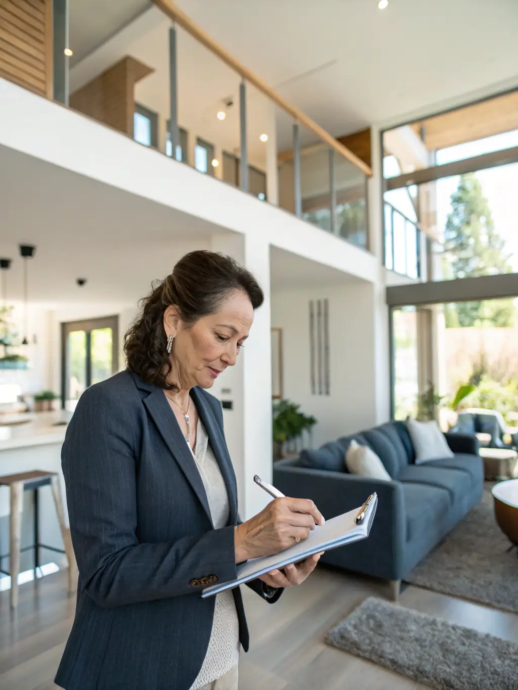 A real estate appraiser inspecting a home's interior, taking notes on a clipboard, with a focus on assessing the property's condition.