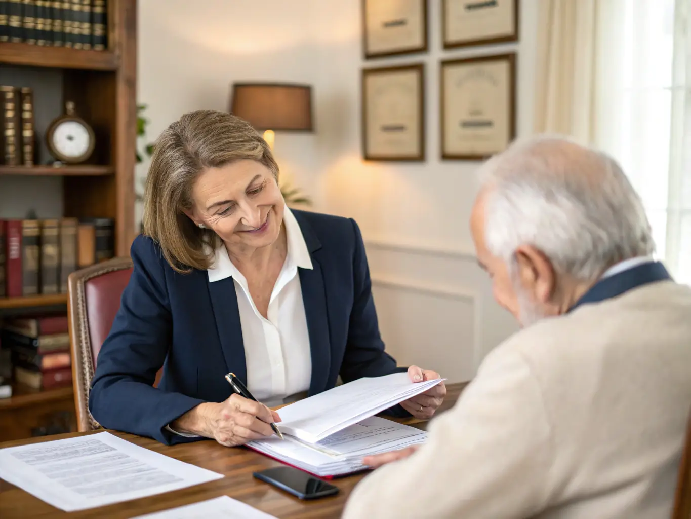 A photograph of a closing agent facilitating the signing of documents, ensuring all parties understand the terms and conditions. The atmosphere is professional and supportive.
